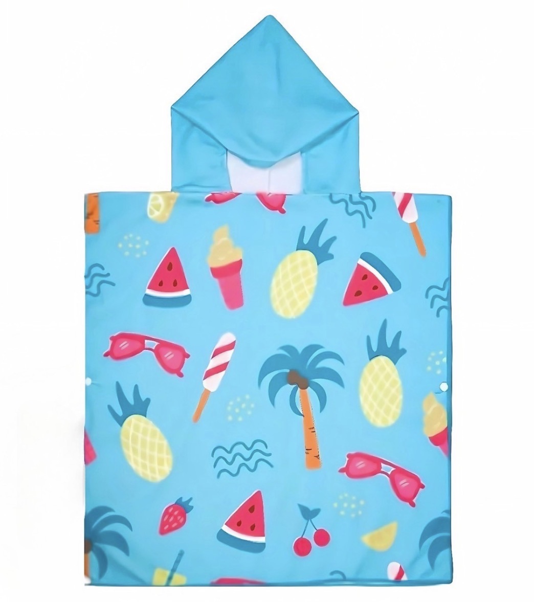 Sweet Hearts Cool Breeze Kids Hooded Poncho Towel – Blue Summer Treat, Pineapple & Beach Print – Soft Quick-Dry Bath, Beach & Pool Cover-Up for Kids