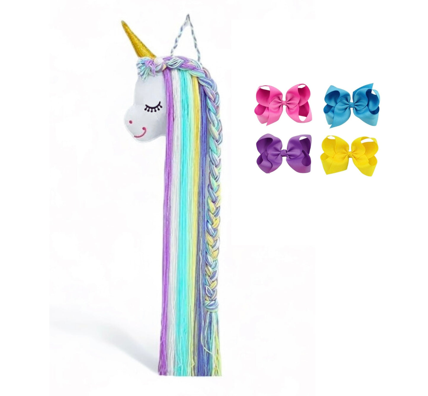 Sweet Hearts Unicorn Sparkle Hair Bow Organizer & 4PCS Bow Set Wall Hanging Room Decor