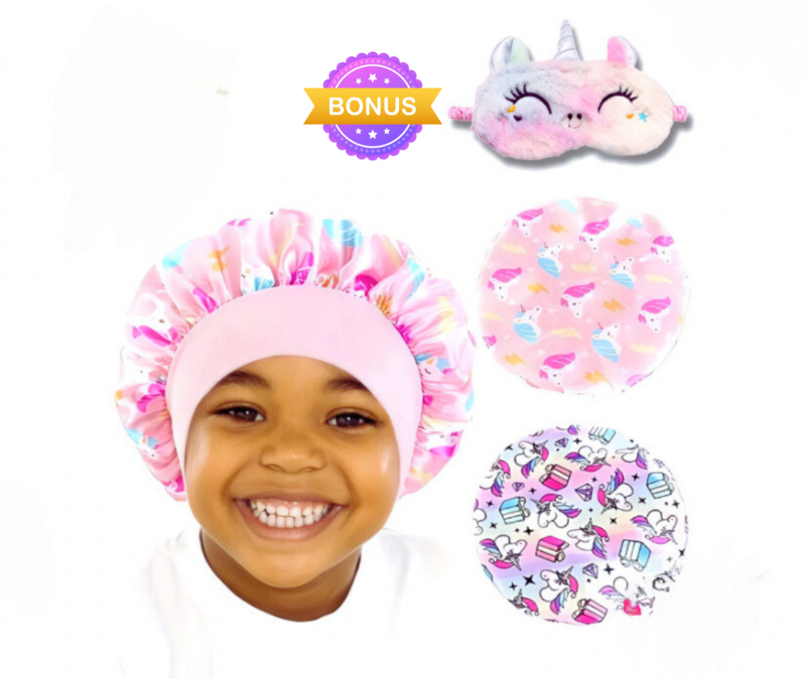 2-Pack Satin Unicorn Design Hair Bonnet Set With Bonus Unicorn Sleep Eye Mask